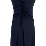 Fuzzi Halter Dress Size 42 US 6 Navy Silk Blend Ruched Ruffle Midi Elegant Chic Blue Photo 0