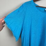 Chico's 3 Top Womens XL Blue Linen Flutter Short Sleeve Fringe Solid Pullover Photo 3