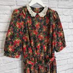 Vintage Breli II Dress Navy Blue Red Floral Size M Lace Collar Midi Belt Pleated Size M Photo 3