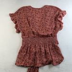 Max Studio L Large Top Blouse Scarlet Red Daisy Floral Ruffled Sleeve Tie Photo 12