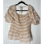 Yuni Los Angeles Beige Plaid Smocked Peplum Puff Sleeve Stretch Top Large Tan Photo 6