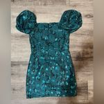 Lulus  Going Gorgeous Shiny Teal Jacquard Puff Sleeve Mini Dress Photo 4