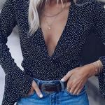 Polka Dot Self Tie Wrap Bell Wide Sleeve Crop Top Black Photo 2