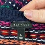 Talbots  navy wool blend fair isle colorful sweater cardigan with sequins size L Photo 11