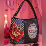 Ed Hardy Black Shoulder Bag Holographic Checkerboard Rose & Rhinestone Skull NWT Photo 0