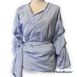 Willow & Clay  medium womens chambray striped wrap blouse ruffle sleeve v neck Photo 12