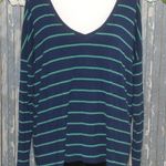 Aerie  Ladies L Knit Top Navy Blue & Green Striped V-Neck Stretch Viscose Popover Photo 0