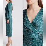 FLORET STUDIOS Long Sleeve Satin Faux Wrap Midi Dress in Green Pink size M Size M Photo 3