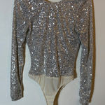 NWT Lulus Shimmering Love Silver Sequin Cowl Back Bodysuit Size Small Photo 0