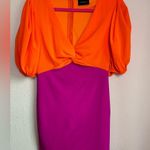 Orange & Magenta Colorblock Puff Sleeve Knot Front Pencil Skirt Bodycon Dress S Photo 2