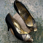 Vintage Bruno Magli black metallic snakeskin satin peep toe heels, size 8M Photo 0