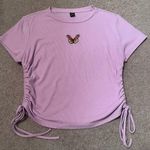 SheIn Purple Butterfly Embroidered Ribbed Drawstring Short Sleeve T-Shirt Photo 0