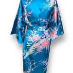 Jugeumm Robe Blue Pink Satin Floral Peacock Print Japanese Kimono Dressing Gown Photo 3