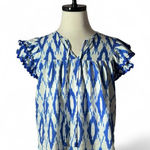 Flying Tomato Blue White Ikat Print Ruffle Sleeve V Neck Tassel Top Women's L Photo 0