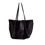 BCBG Paris Womens Black Tan Gold Reversible Leather Chain Tote Bag Photo 1