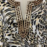 Carole Little Linen Blend Animal Print Tunic Plus Size 2X Sequin‎ Side Slit Boho Tan Photo 2