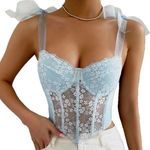 SheIn Light Blue Sheer Ribbon Bow Tie Strap Lace Bustier Top Photo 0