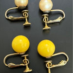 2 Vtg Clip On Screw Back Earrings Set Yellow & Faux Pearl Ball Design Photo 0
