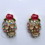 Gold Skull Rainbow Rhinestone stud earrings with Pink Rose Accents New gift Photo 0