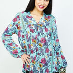 Anthropologie RD + Koko Blue Long Sleeved Teal Floral Printed Top” Photo 0
