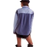 Free People New Argyle Plaid Oversized Patchwork Blue Combo Chambray Shirt Small Photo 2