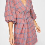 Free People  Miss Molly Red and‎ Blue Plaid Deep V Neck Dress Size 4 Photo 0