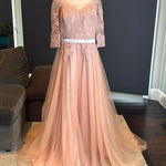 Women’s Pink Lace Appliqué Tulle Wedding Formal Prom Dress Leg Slit Size L NWOT Size L Photo 0