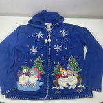 Vtg Victoria Jones Christmas Sweater Snowman Blu Hooded Cardigan Women M Festive Blue Size M Photo 0