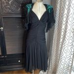 Casadei 1980s Black Ruched Turquoise Sequined Gatsby Deco Flapper Dress Cape 12 Photo 14