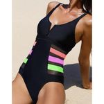 Women's One Piece Bathing Suit V Wire Color Block Mesh Waist Swimsuit Size XL Black Photo 4