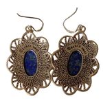 Frame Barse Thai Oval Drop Dangle Earrings Lapis Lazuli Bronze  & Hook Marked 925 Photo 2