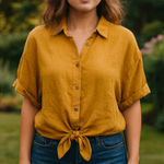 Skylar + Madison  Mustard 100% Linen Tie Front Button up Lagenlook Coastal L Photo 0