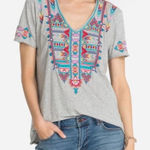 Johnny Was  V-Neck Embroidered Boho Short Sleeve Gray Laurelle Tee Shirt Size XL Photo 0