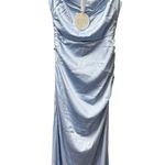 Here Comes the Sun NEW  In Blooms Off Shoulder Satin Maxi Dress Blue Large L NWT Photo 0