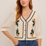 Knit Crochet Button Blouse Women’s XS White Puff Sleeve Embroidered Cottagecore Photo 0