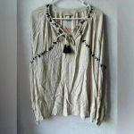 Knox Rose Knox Rose NWT Women’s Gauze Beige Bohemian Embroidered Tassel Top Size M Photo 1