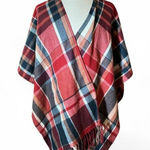 Woolrich  Plaid Poncho Wrap Cape Fringe One Size Red Blue Grey Photo 0