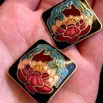Cloisonné flower colorful clip on earrings vintage diamond shape red blue gold Photo 0