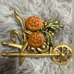 Vintage Brass Wheelbarrow Pumpkins Cornstalks Brooch Fall Thanksgiving Halloween Orange Photo 0