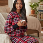 Betsey Johnson  Red Pink Plaid Fleece Velour Lounger Hoodie Dress Medium Photo 0