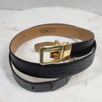 Vintage Mens Belt 36/90 Black Genuine Leather Ostrich Gold Box Frame Buckle Photo 7