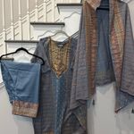 Pakistani/Indian 3pc Blue & Multi Color Embroidery Printed Shalwar Kameez Size M Photo 0