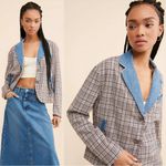 Free People Riley Vintage Plaid Denim Trim Blazer Jacket Size XL Preppy Punk Photo 4