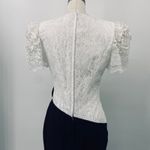 Vintage 80s Lace Bodice Cocktail Dress Embellished Bow Puff Sleeve White Navy 6 Photo 6