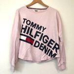 Tommy Hilfiger DENIM Pink Black Spellout Logo Crewneck Cotton Stripe Sweatshirt Photo 0