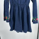 Reborn Denim Blue mini Dress embroidered Floral bell Sleeve tunic raw hem boho L Size L Photo 3