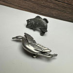 Large Mouth Bass Fish Lapel Pin Bird Brooch Pewter Tone Lot Of 2 Silver Photo 1