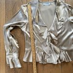 Bloomingdales Vintage Satin Ruffle Peplum Blouse SZ L Poet Sleeve Tan V Neck Button Up Romanti Photo 6