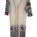 Sheer Embroidered Floral Kimono Duster S Cardigan Boho Crochet Trim Fringe Hem Tan Photo 0