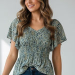 Angie Vtg  V-Neck Smocked Waist Peasant Top‎ Small  Peplum Retro 90s Photo 0